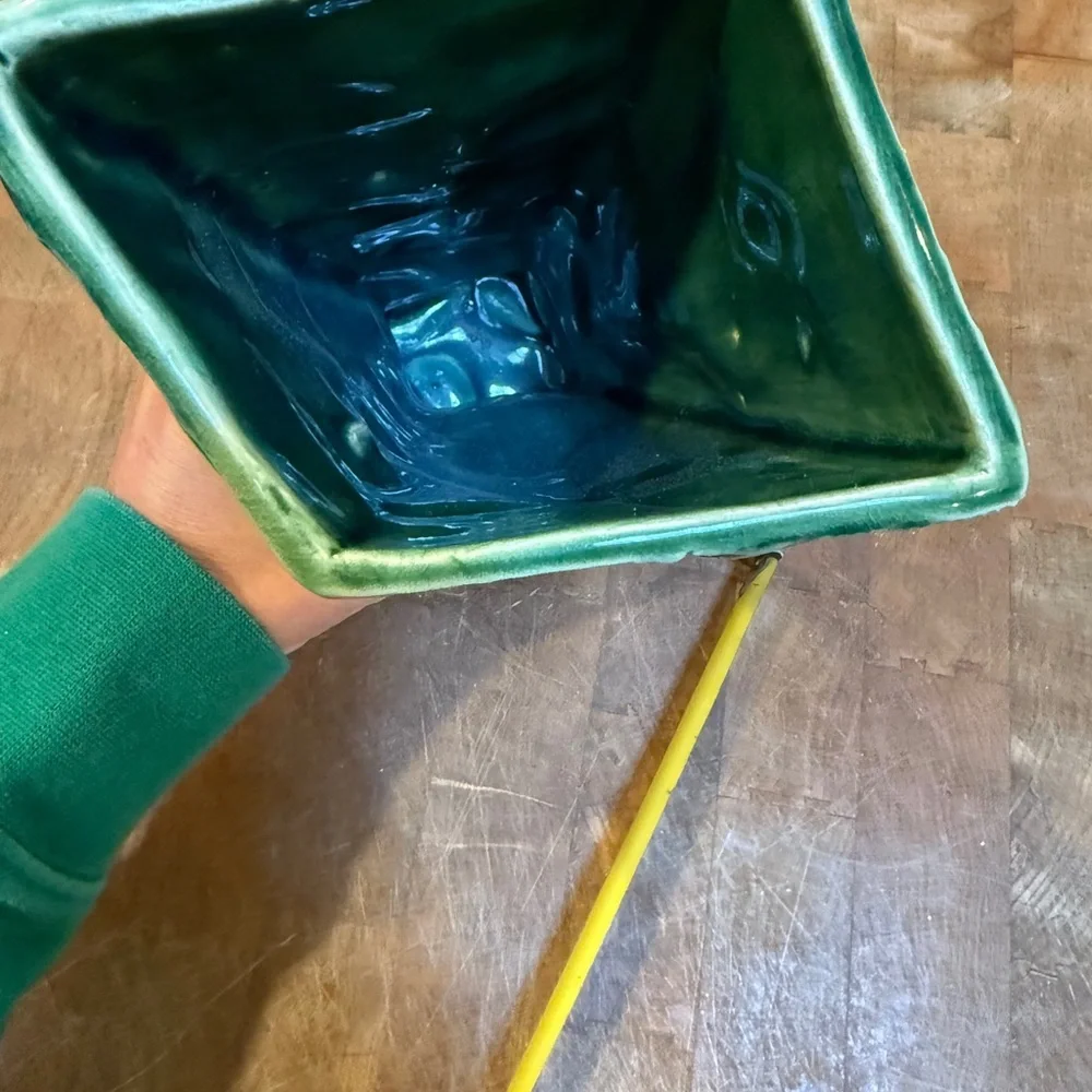 Vintage Mid Century Pottery Ceramic Glossy Green  Unique Shape Fish Stamp Vase